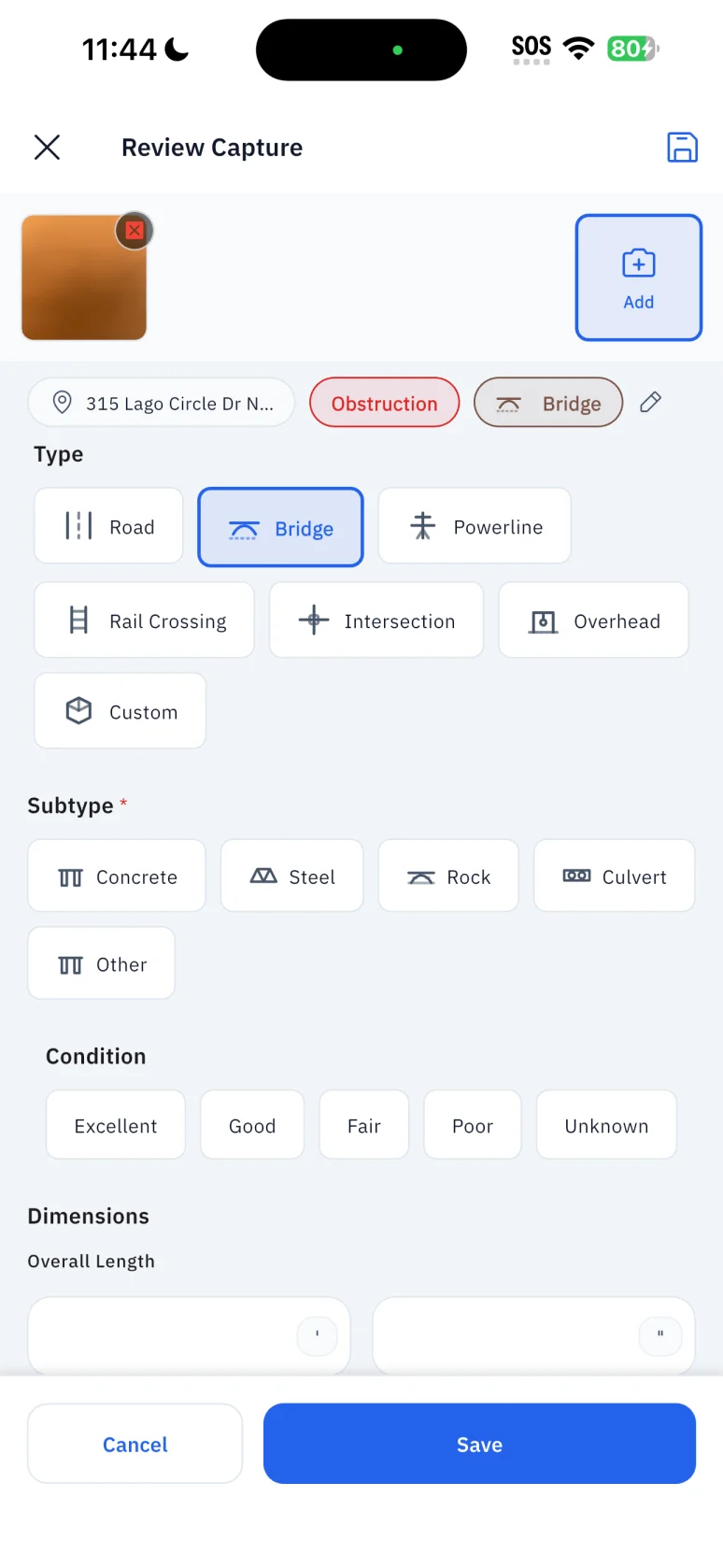 RouteSurvey App light-mode bridge capture form showing classifications, condition, and dimensions