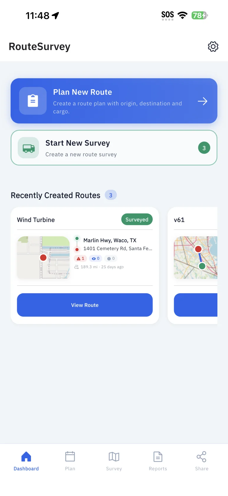 RouteSurvey App mobile dashboard with route planning, survey actions, and recent routes