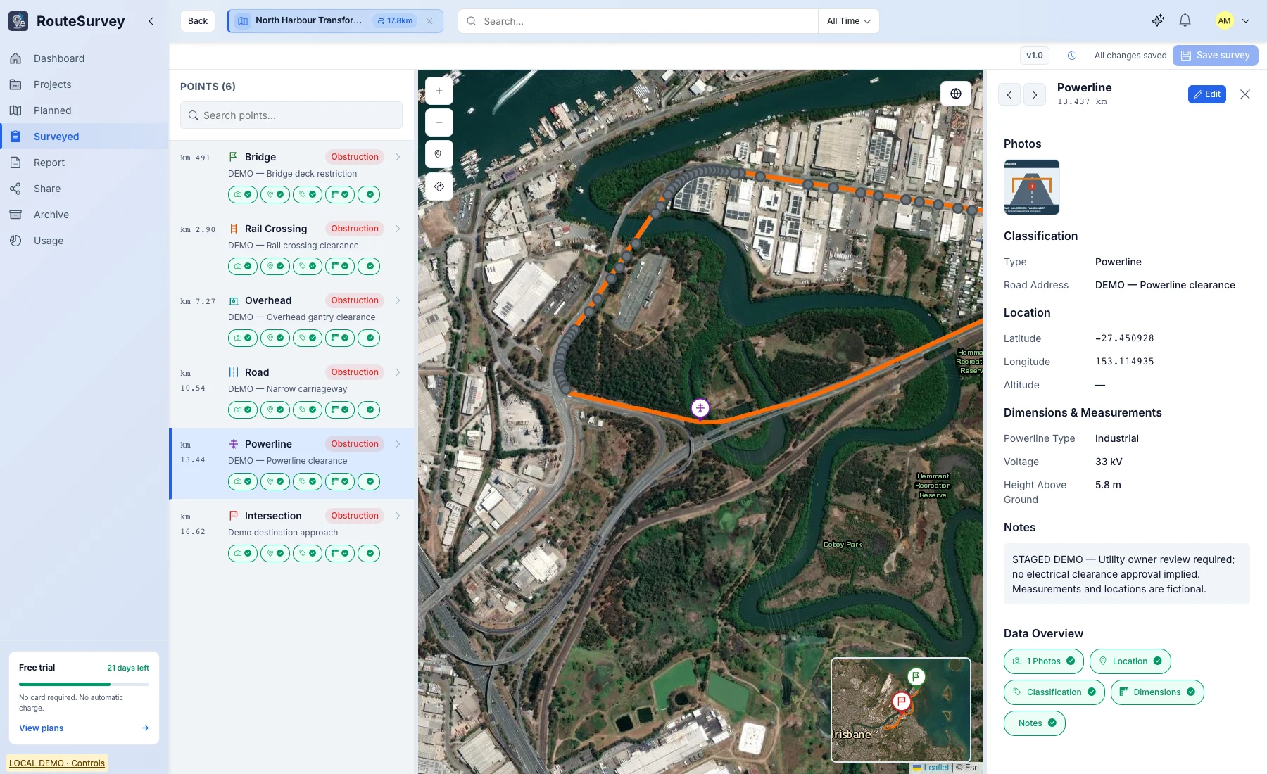 Web Console demo powerline observation with location, measurements, notes, and an illustrative attachment