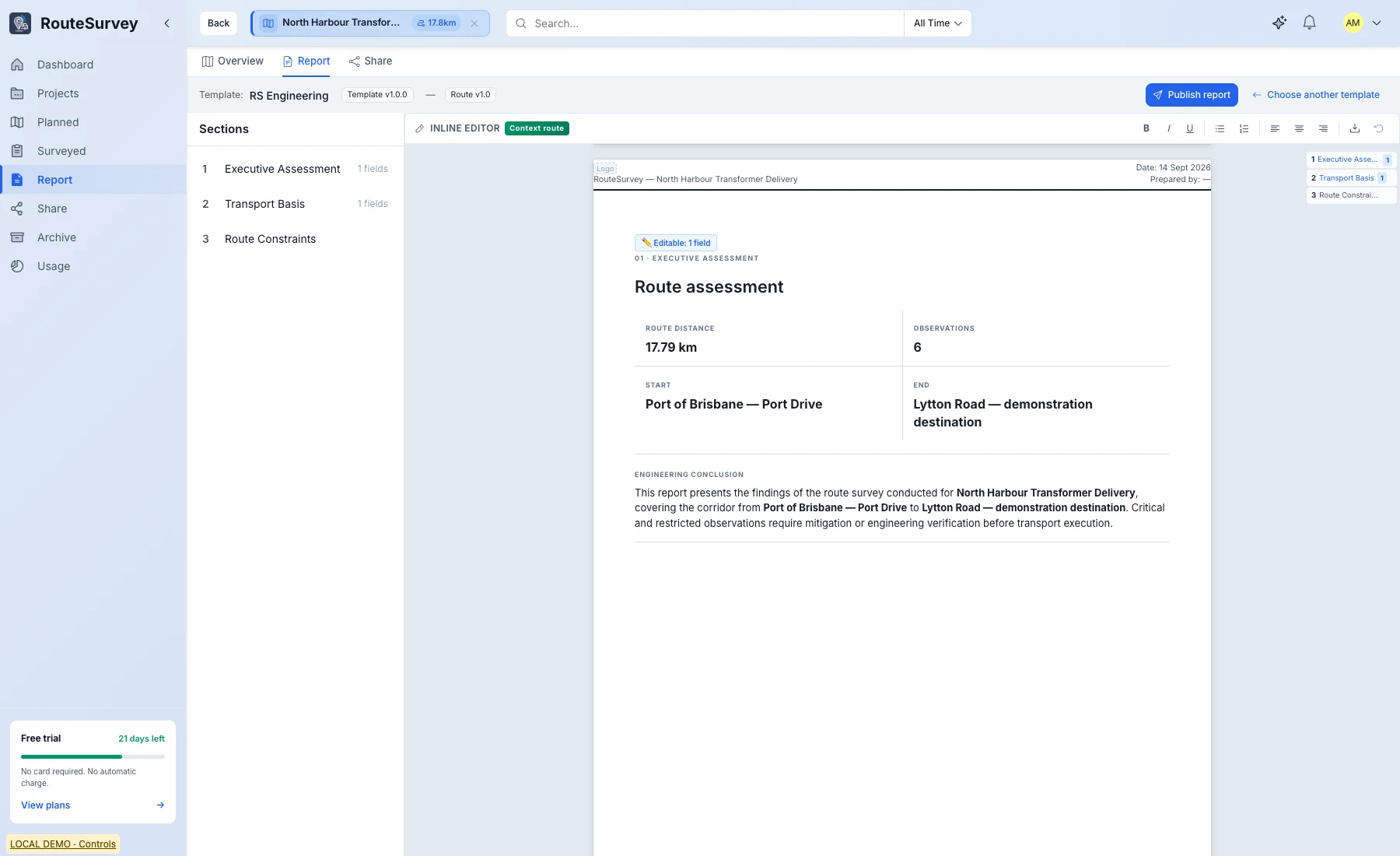 Web Console report editor with an applied template and route assessment