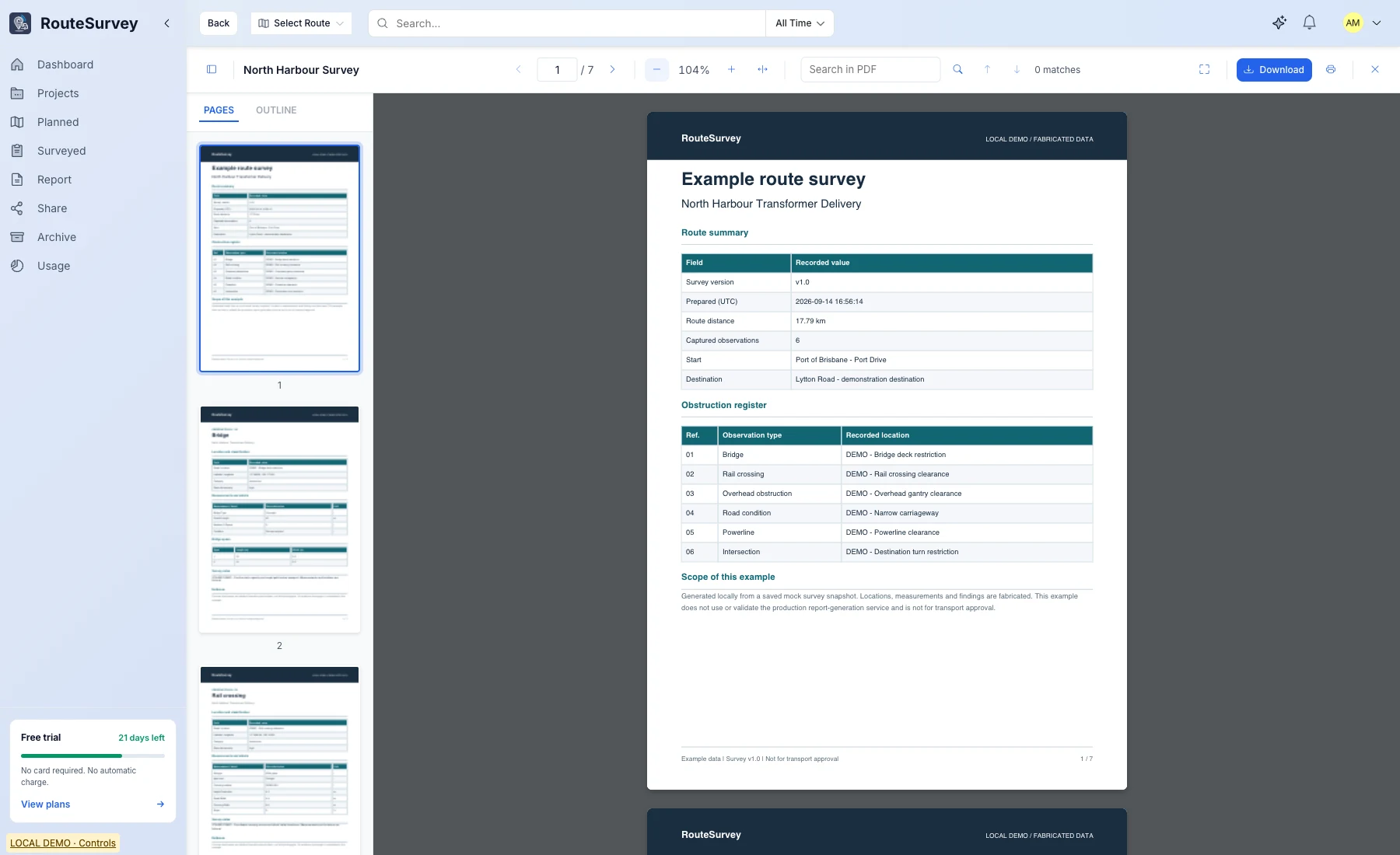 Web Console PDF viewer displaying a seven-page local sample survey report