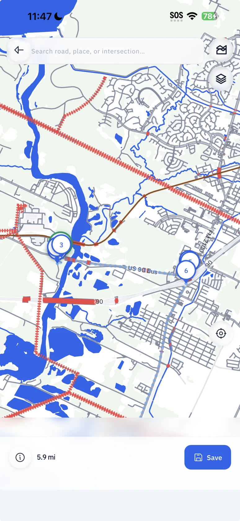 RouteSurvey App light-mode route planner showing numbered waypoints and a 5.9-mile route