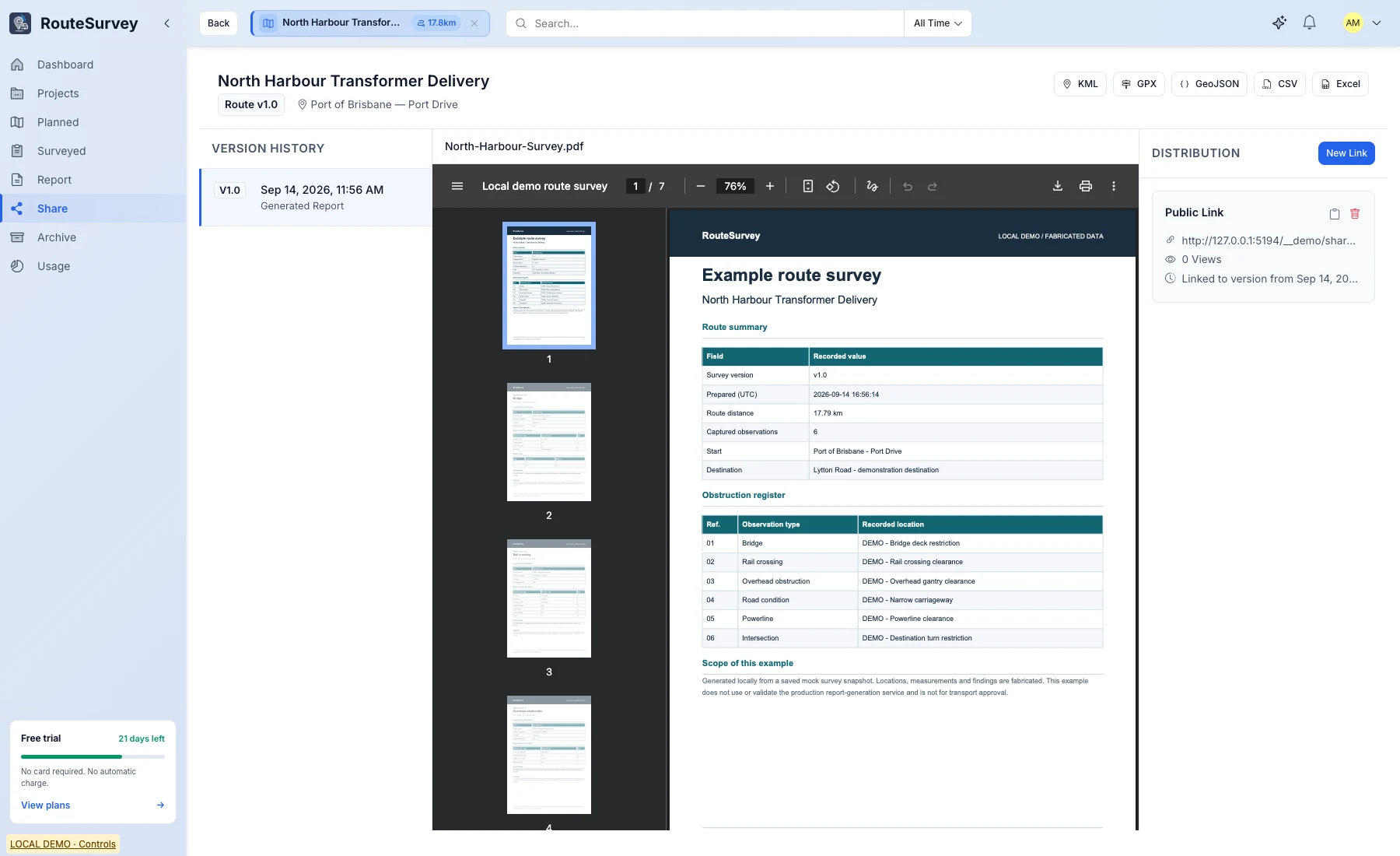 Web Console Share Center showing report versions, a sample PDF and a distribution link