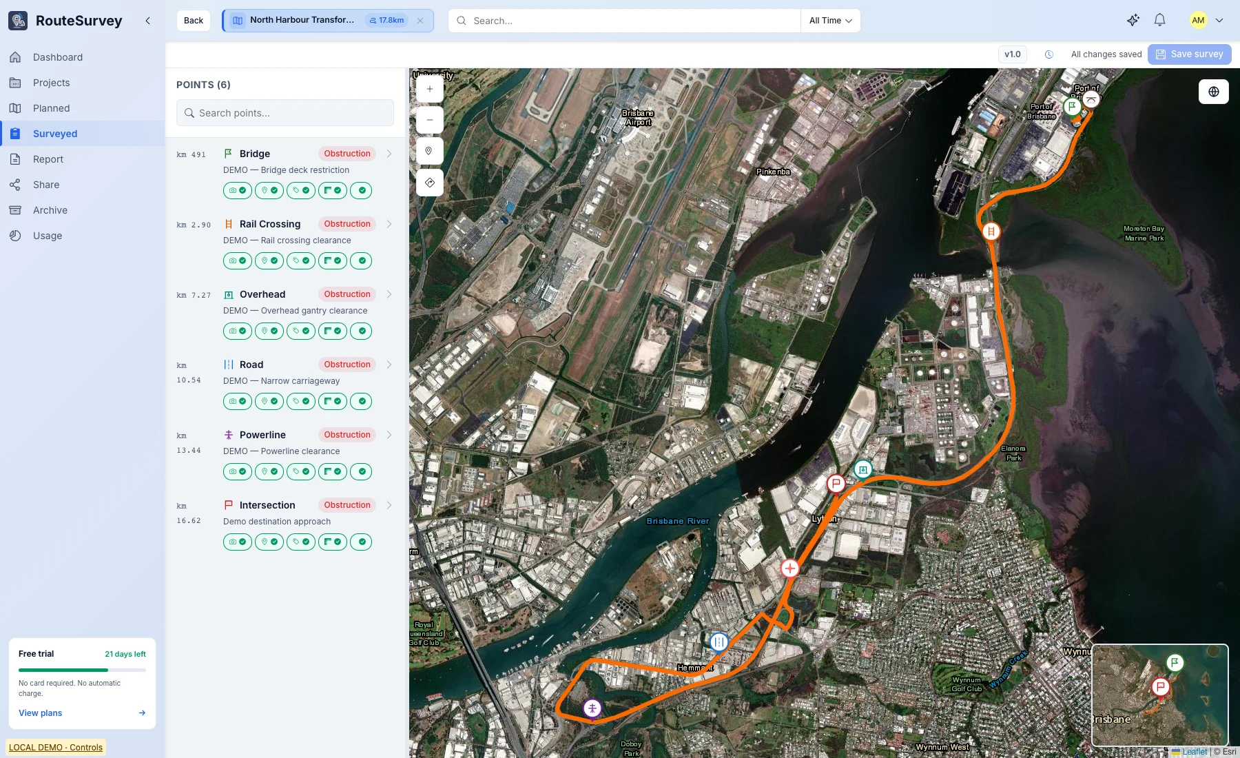 Web Console demo survey with a route map and six observation points